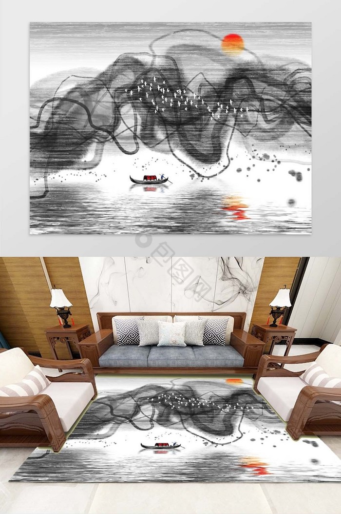 新中式写意抽象山水画地毯图案图片