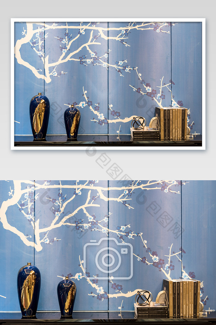 蓝色淡雅的新中式家居软装配饰摄影图