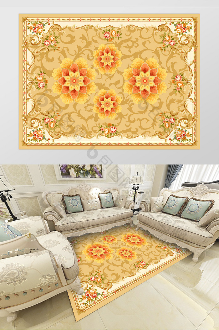 古典北欧欧式花纹地毯黄色花纹图案花朵图案