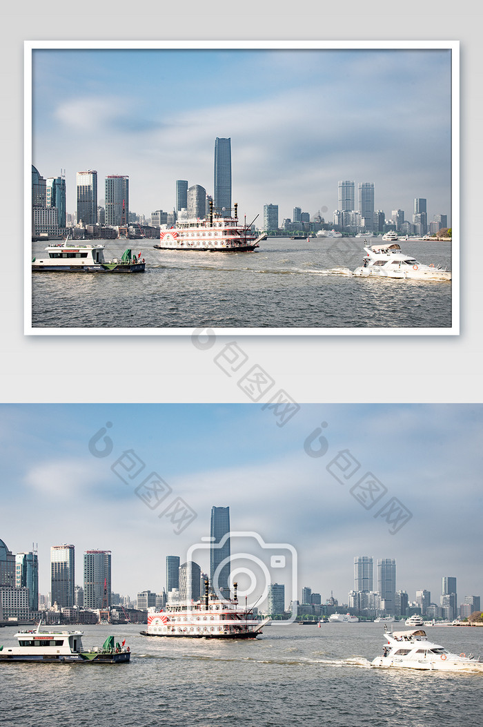 蓝色大气的上海黄浦江游轮摄影图