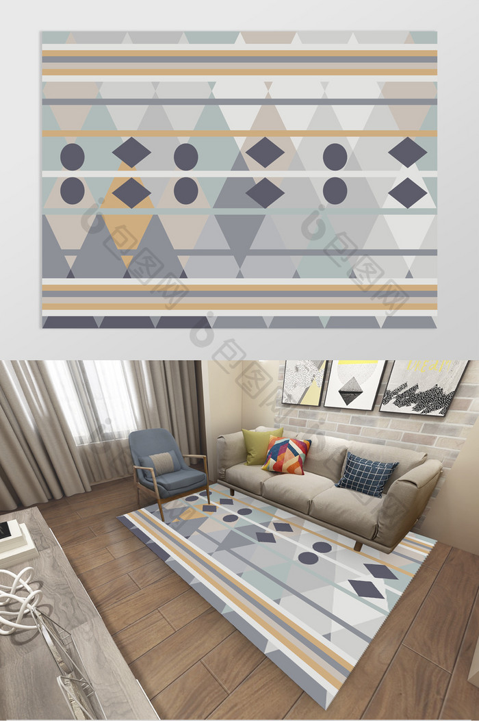 北欧三角线条圆形地垫地毯图案设计