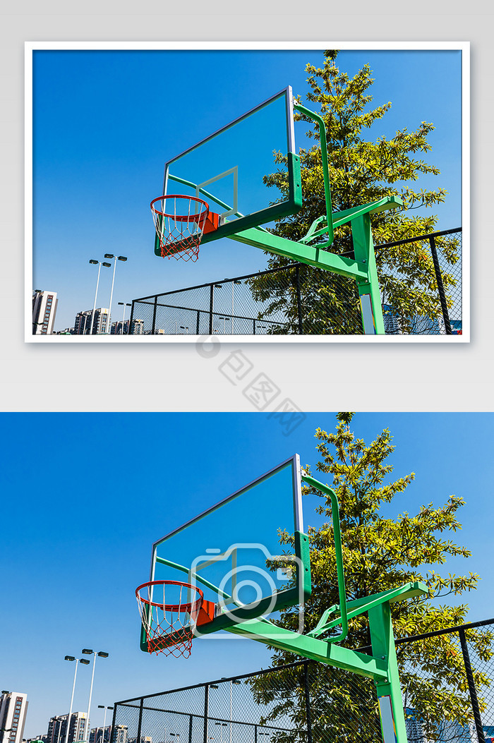 蓝天绿树篮球架摄影图片