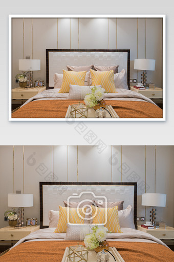 轻奢简约新中式地产卧室家居软装摄影图图片