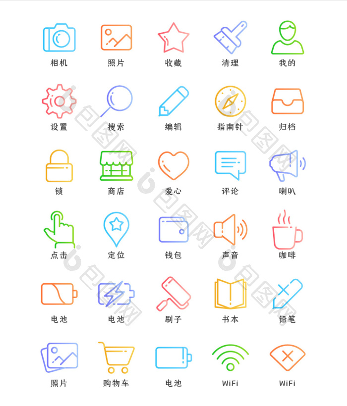 彩色线性互联网常用矢量icon图标-包图网