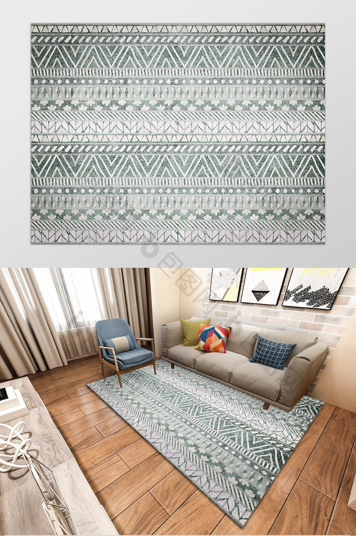 摩洛哥风格浅绿色纹理印花地毯