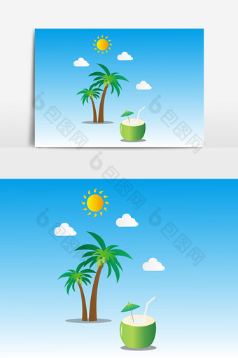 扁平渐变质感夏日热带美景配青椰子饮品素材图片