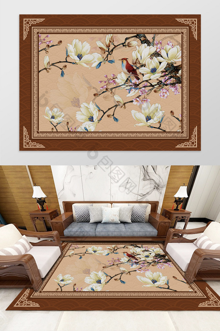 中国风古典花鸟客厅卧室书房地毯图案