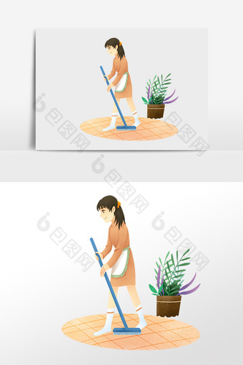 手绘劳动节打扫卫生家庭妇女插画图片