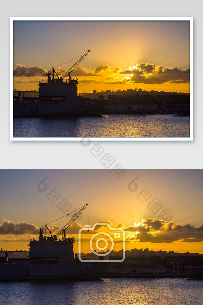 悉尼海港军舰和日出摄影图片