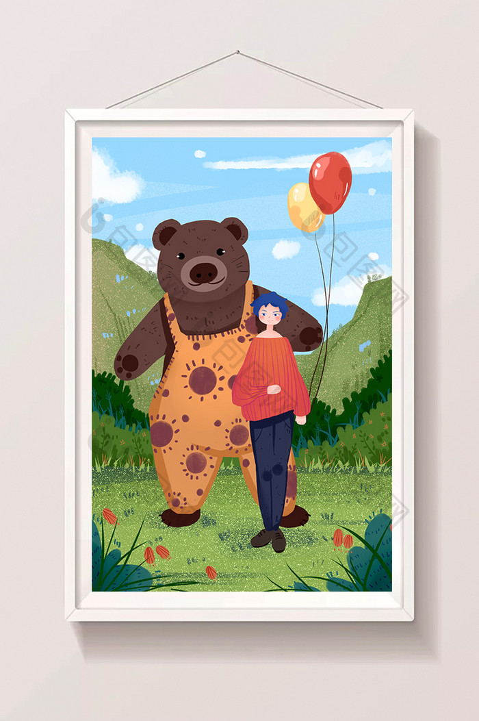 卡通扁平六一儿童节可爱熊女孩气球插画