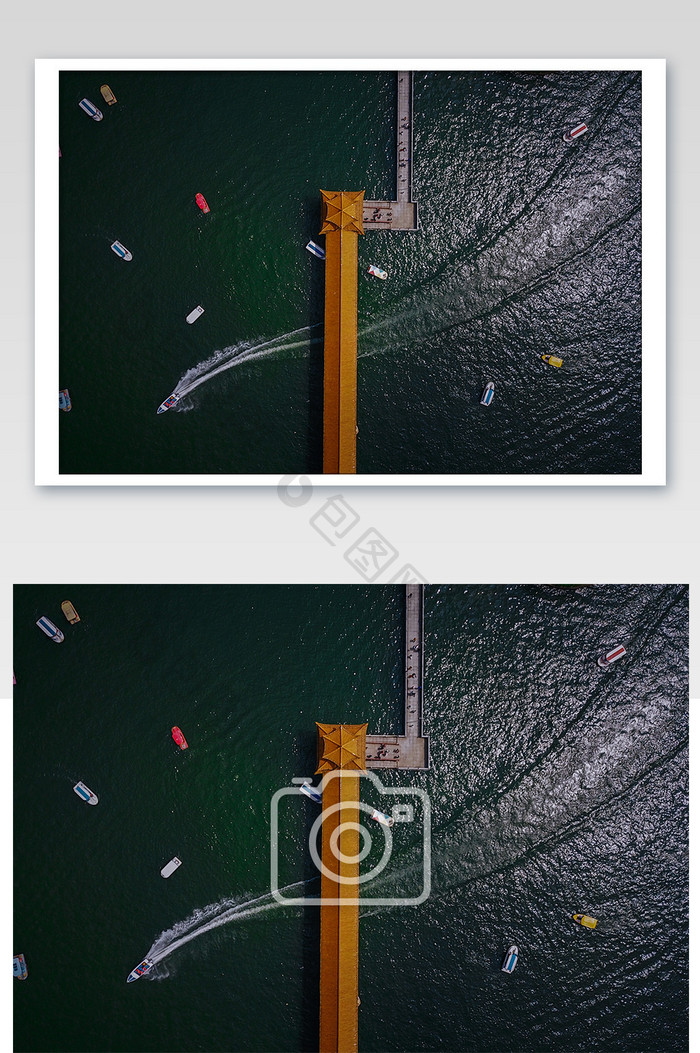 公园栈桥小船游艇航拍摄影图