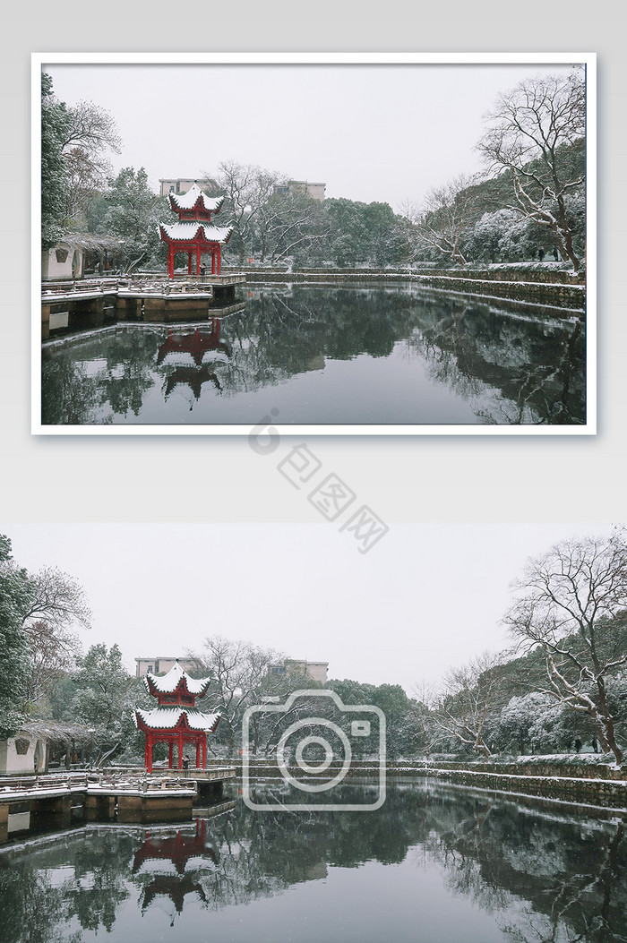 雪天亭子倒影公园摄影图图片