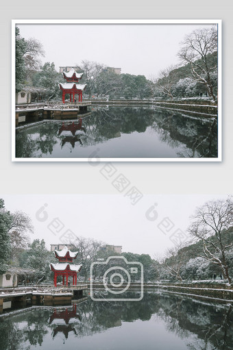 雪天亭子倒影公园摄影图图片