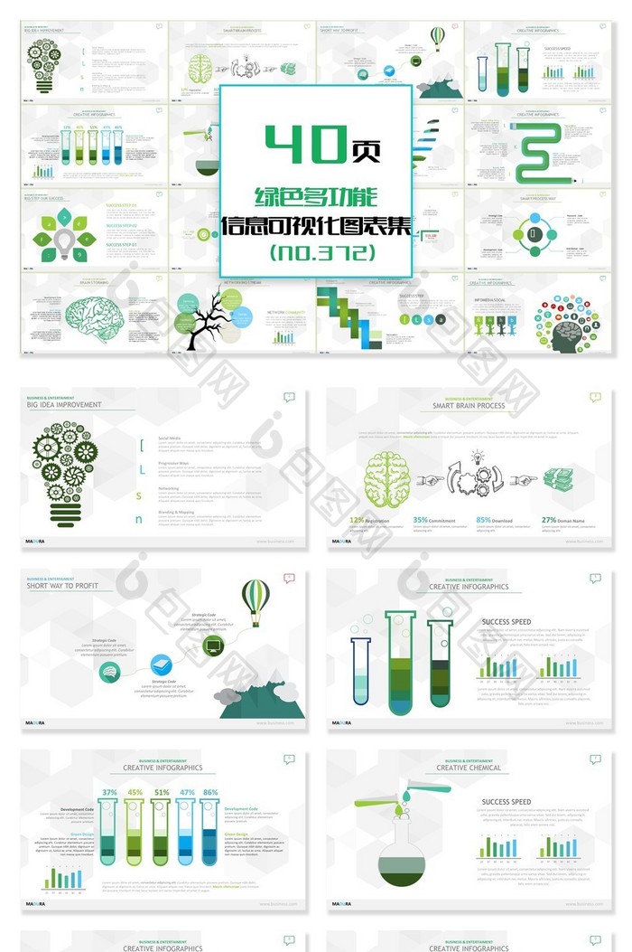 40页绿色多功能信息可视化PPT图表图片图片