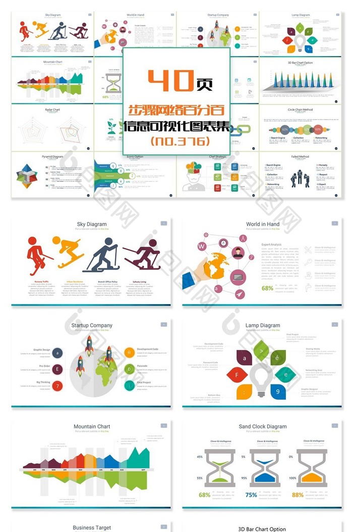 40页网络步骤百分比信息可视化PPT图表