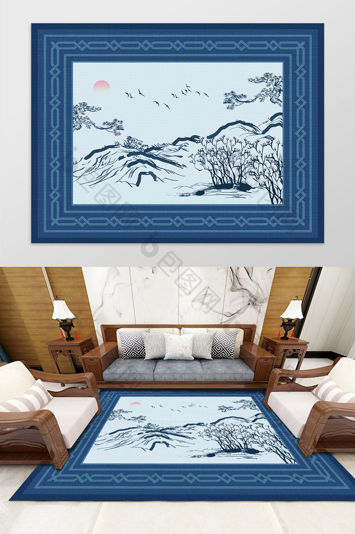中式水墨山水飞鸟客厅卧室地毯图案