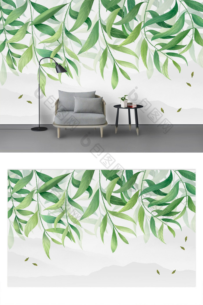 北欧手绘小清新植物叶子装饰画背景墙