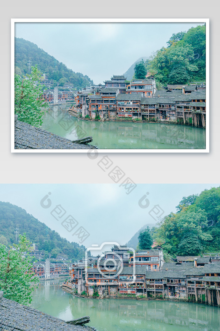 湖南凤凰古镇夏季旅游建筑蓝天白云高清摄影