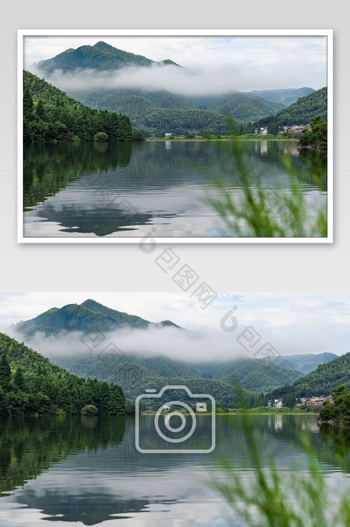 乡村生活湖水倒影云雾缭绕青山绿水摄影图片