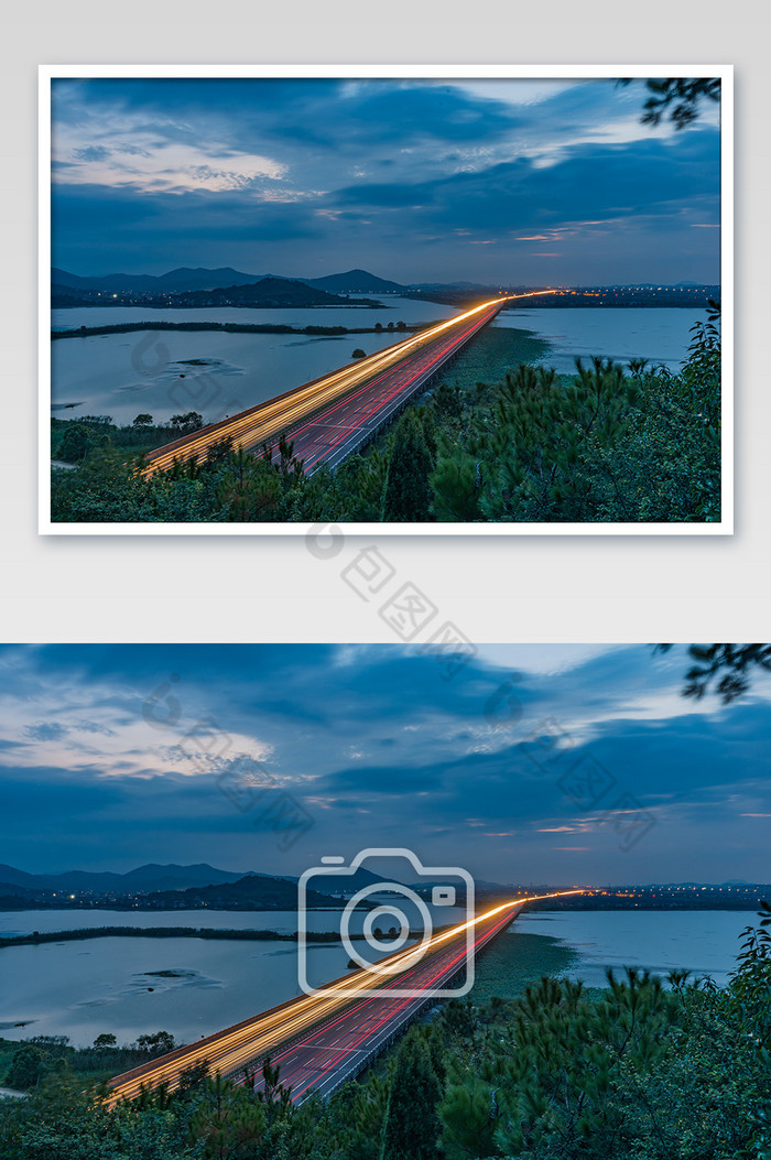 牟山湖高速公路车轨光轨落日日落摄影图片图片