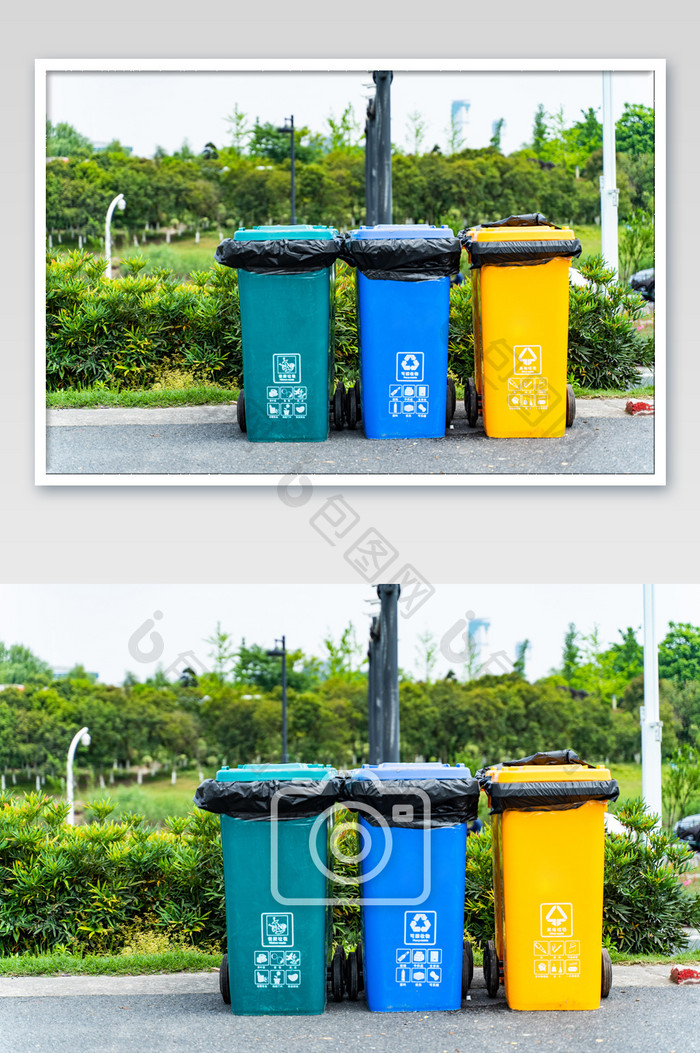 黄绿蓝垃圾桶场景图