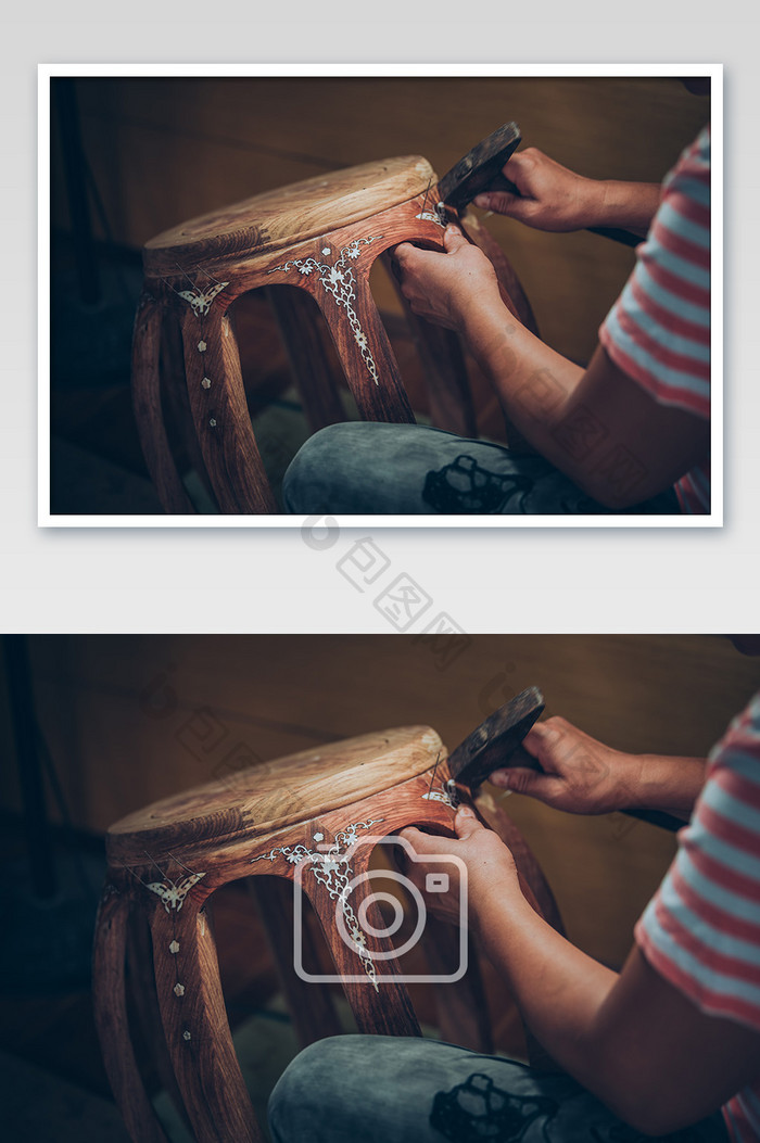 手艺人木质圆凳雕花制作纯手工摄影图片