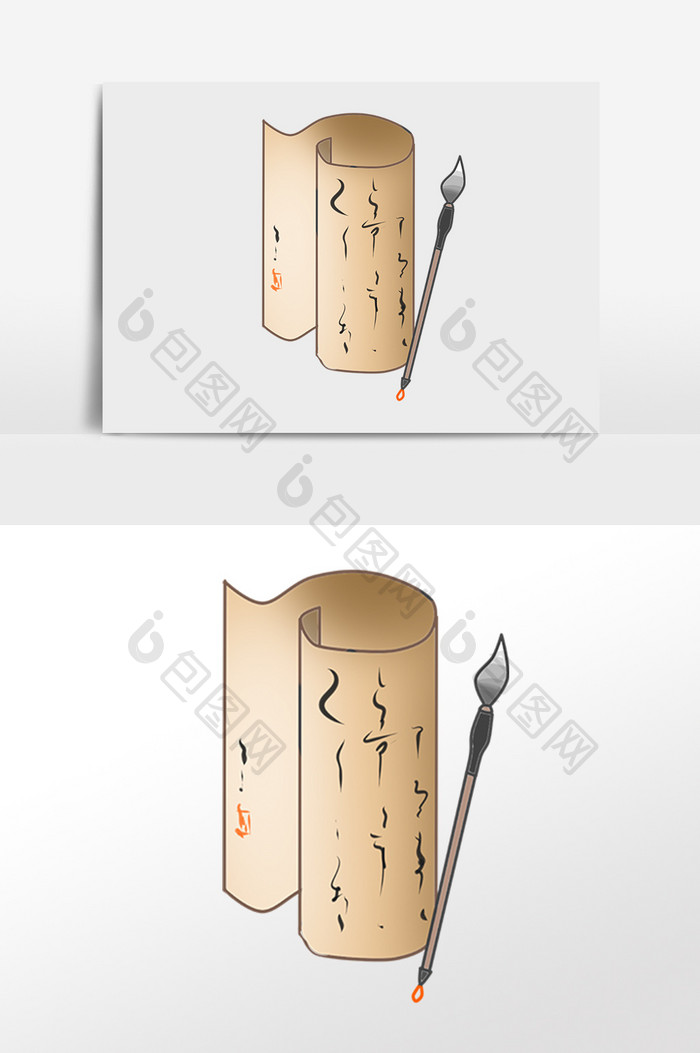 手绘古风教育学习毛笔书卷插画