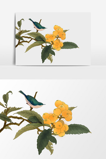 夏天琵琶树与鸟插画元素图片