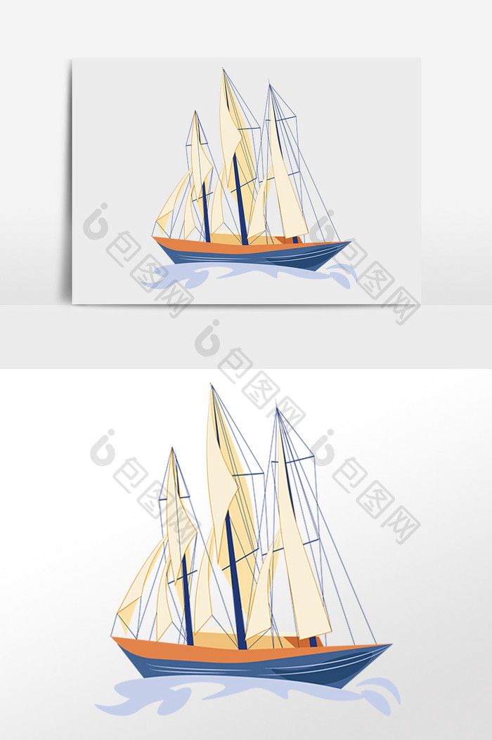 手绘交通工具大海白色帆船插画