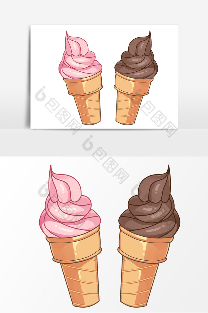 手绘草莓味和巧克力味冰淇淋