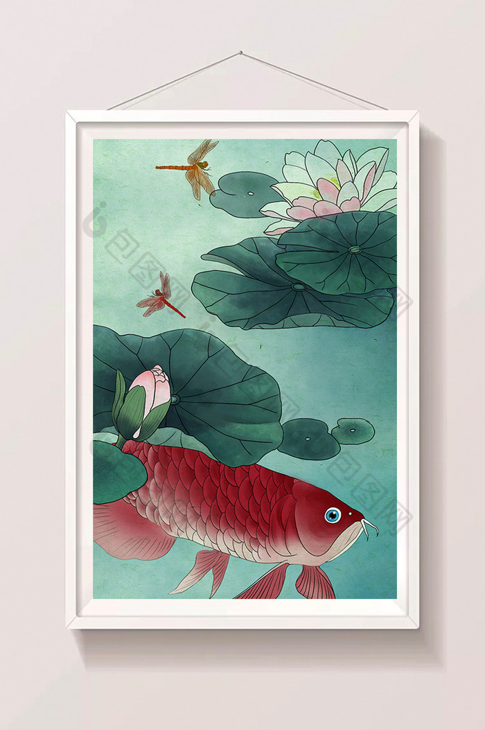 夏日大红锦鲤鲤鱼蜻蜓荷花中国画挂画图片图片
