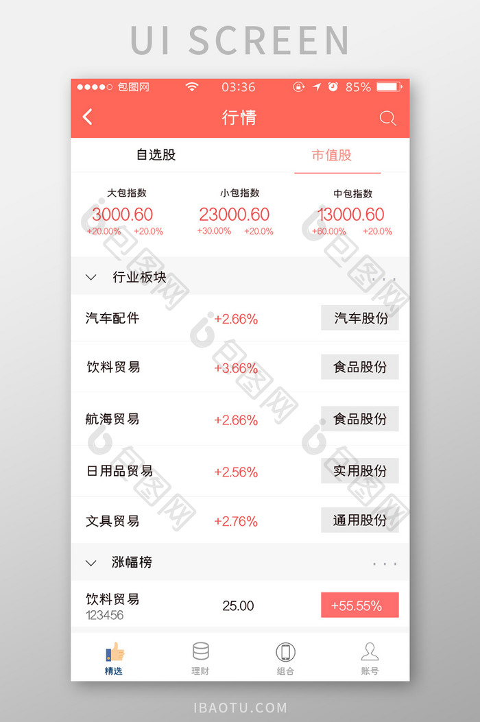 红色简约扁平金融股票行情UI移动界面