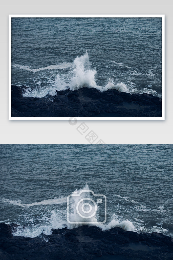 蓝色暗调海边浪花礁石摄影图片图片