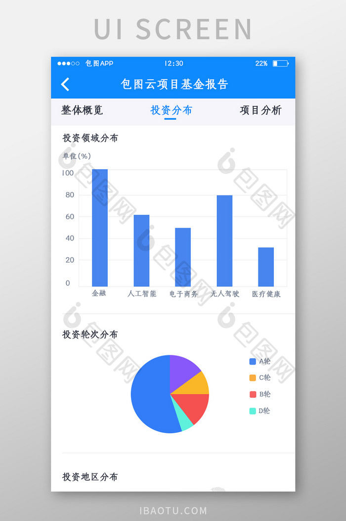 蓝色全套投融资APP投资分布移动界面