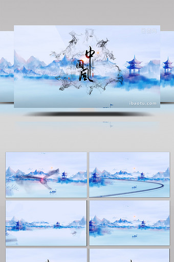 大气青色江南中国风水墨片头AE模板图片
