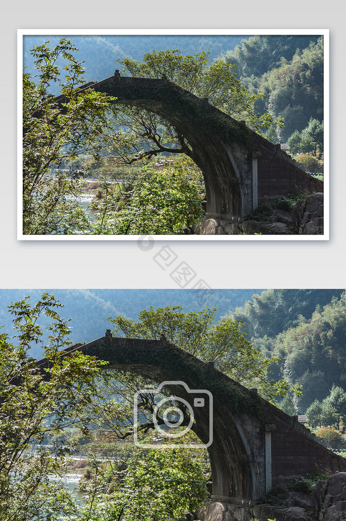 高山山村乡村古桥绿树小桥逆光摄影图片