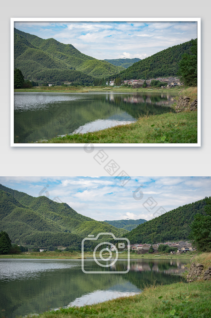 乡村蓝天白云高山绿色湖水倒影清澈摄影图片