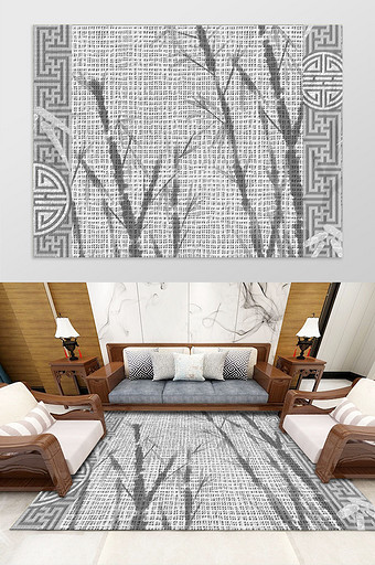 新中式手绘竹子地毯图案图片