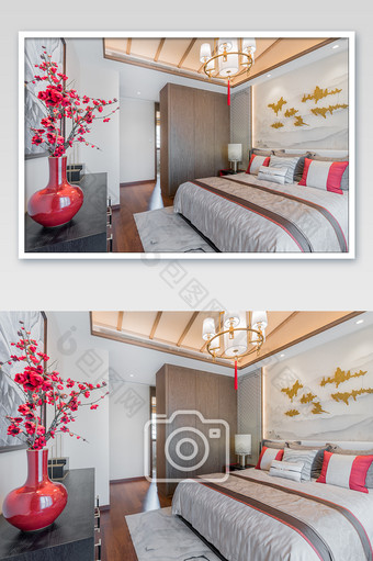 大气优雅简约新中式地产卧室家居摄影图图片