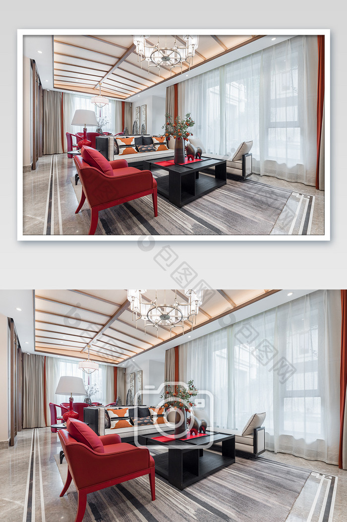 新中式古典大气的地产客厅家居摄影图