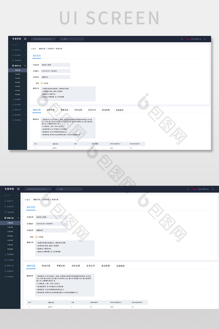 蓝色全套股权激励后台系统查看方案网页界面