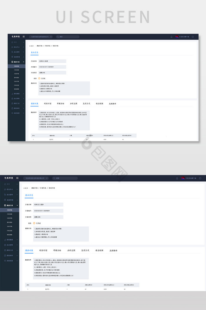 蓝色全套股权激励后台系统查看方案网页界面图片