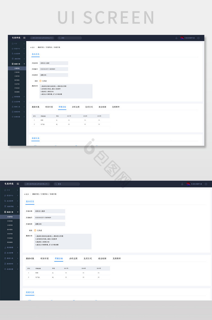 蓝色全套股权激励后台系统考核目标网页界面图片