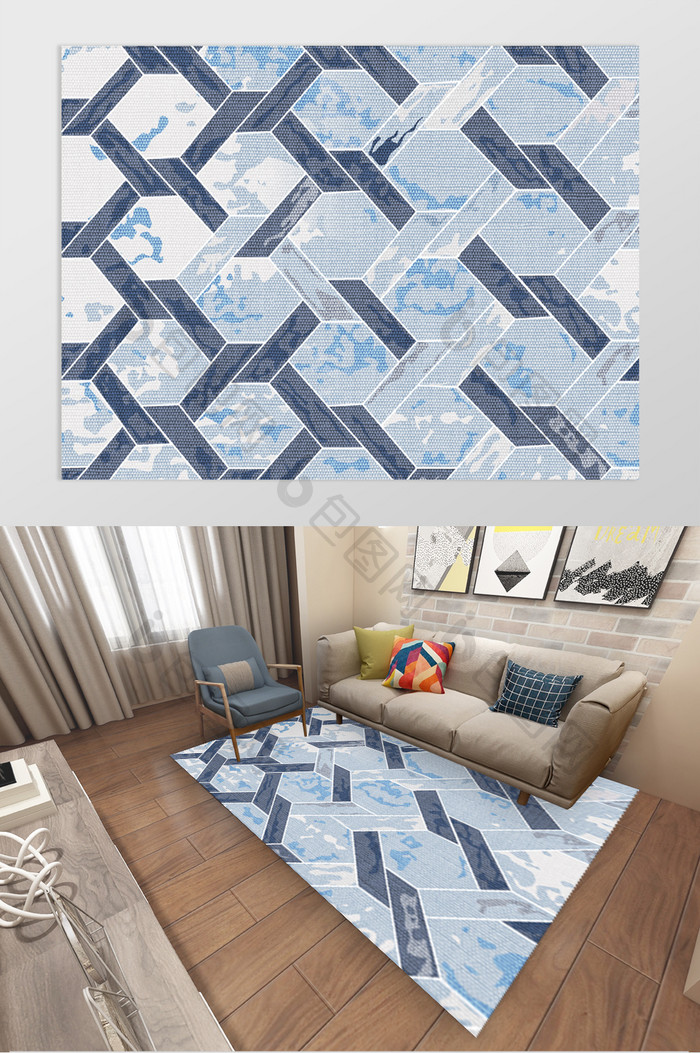 现代北欧简约几何锁形淡色纹理客厅地毯图案
