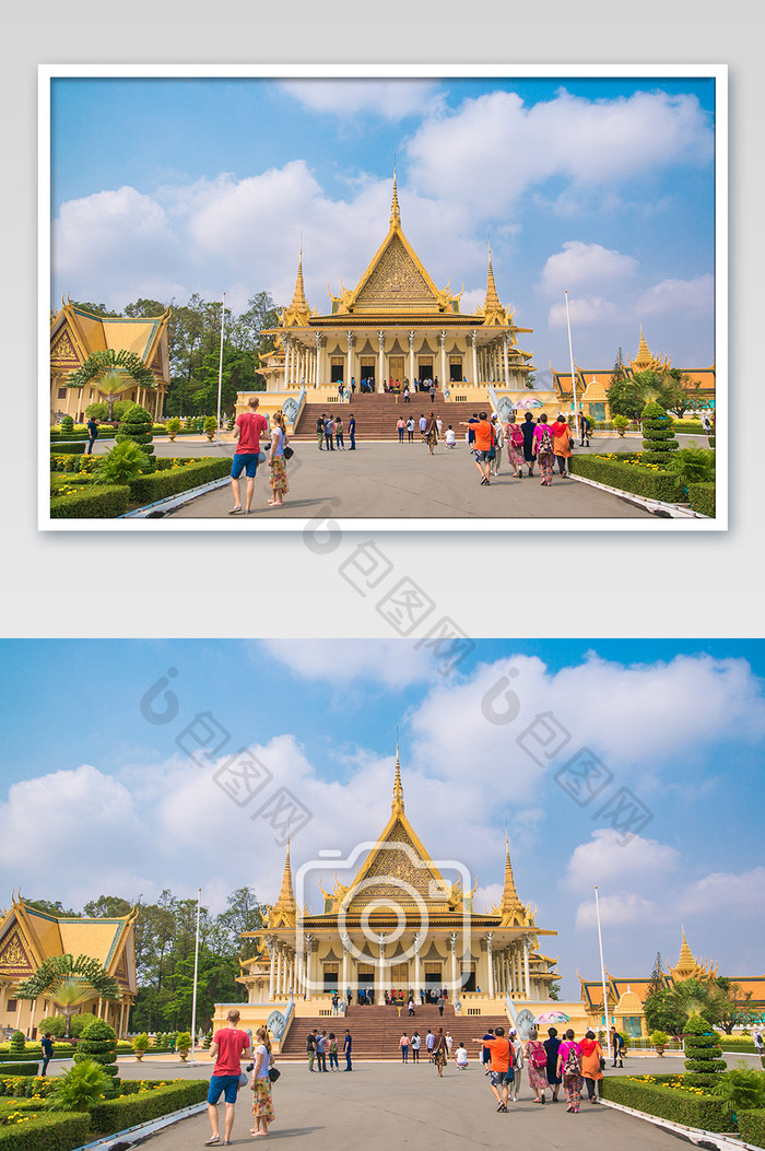 金色大气柬埔寨金边大皇宫正面建筑摄影图片