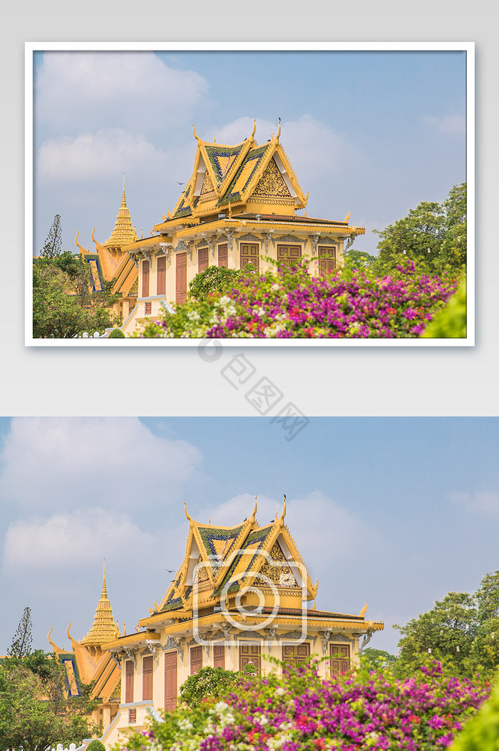 金色大气柬埔寨金边大皇宫侧面建筑摄影图片