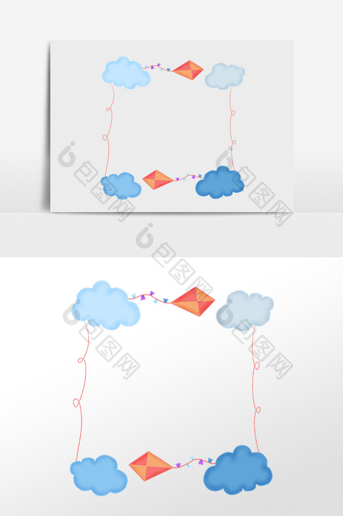 手绘卡通云朵风筝装饰边框插画