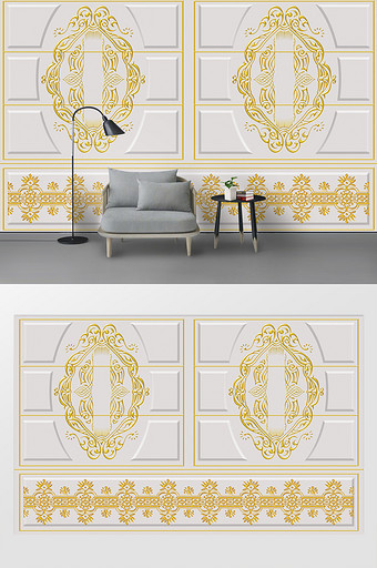 欧式简约浮雕石膏线烫金花纹客厅背景墙图片
