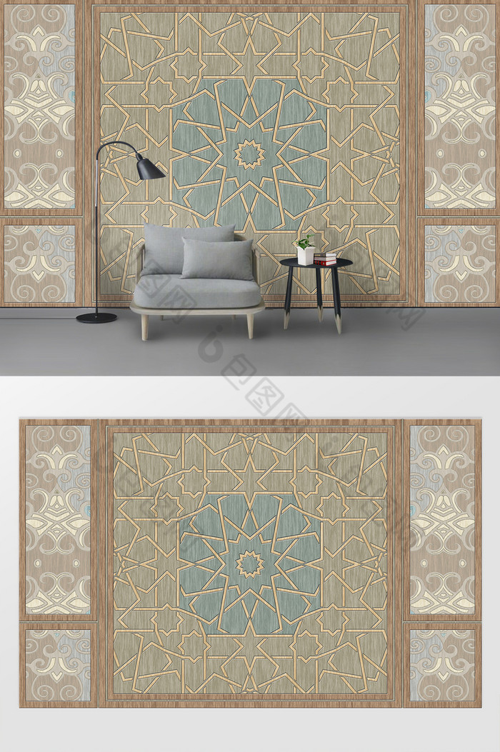 现代简约线条几何图形木纹背景墙效果图-【包图网】