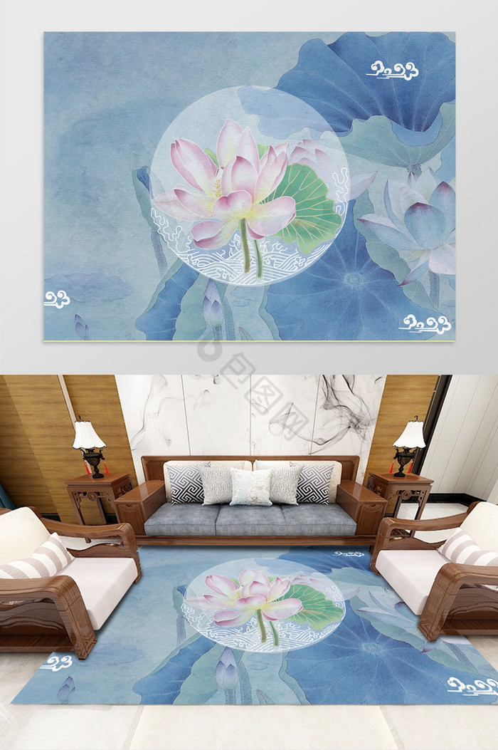 中式荷花客厅地毯图片